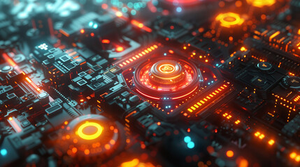 Obraz premium Futuristic circuit board with glowing orange and blue lights. Technology and innovation concept. Digital illustration ,generative ai