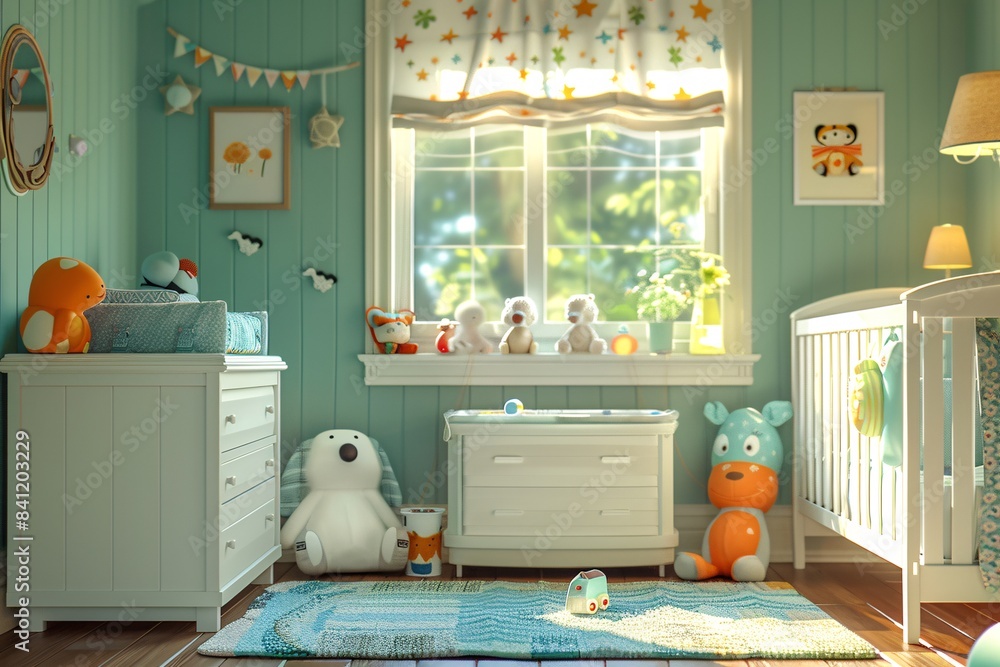 Poster a 3d character decorates a nursery with playful and colorful elements, preparing for a new addition 