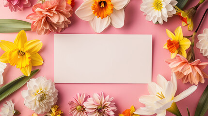 Blank paper for text copy space with pastel colour background and daffodil and chrysanthemum flowers, greeting card ilustration for International friendship day