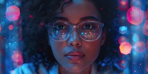 A woman wearing futuristic glasses and stylish with purple tones and black hair