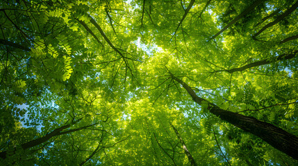 Looking up at the green tops of trees. Italy