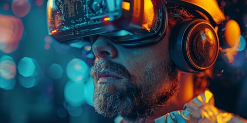 A man wearing a VR headset and headphones is immersed in virtual reality