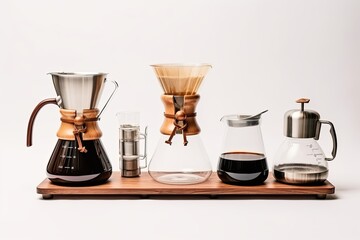 knolling of coffee equipment, isolated white background