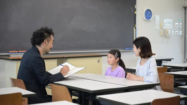 Parent and child being interviewed Video of an image of a three-way meeting at an elementary school