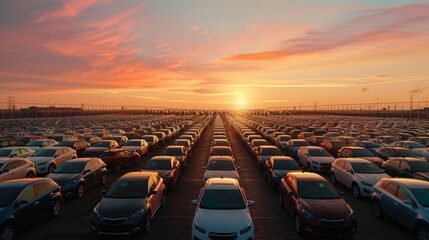 Obraz premium A large lot filled with rows of new cars parked at sunset