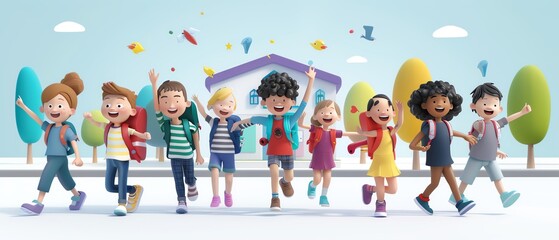 Excited children with backpacks walking to school, vibrant school building in the background, and a sunny morning