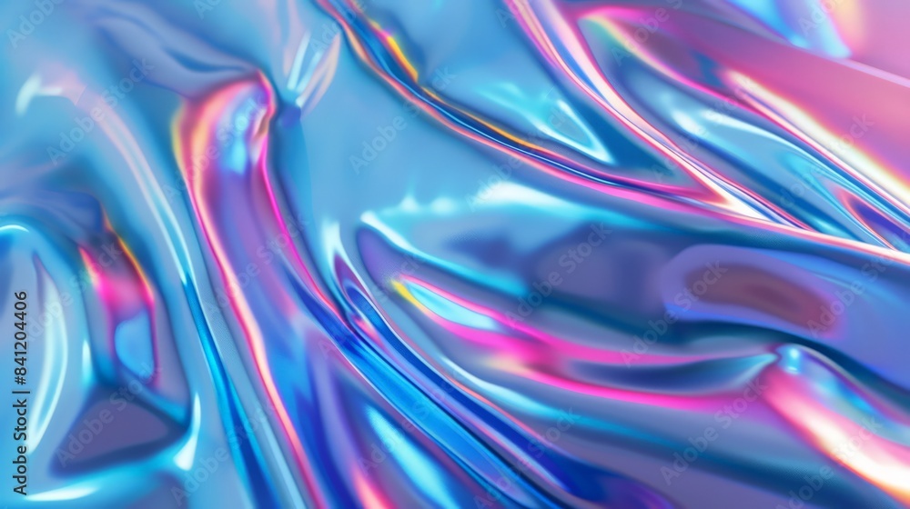 Poster design a blue background with a holographic effect, adding a futuristic and iridescent look suitable