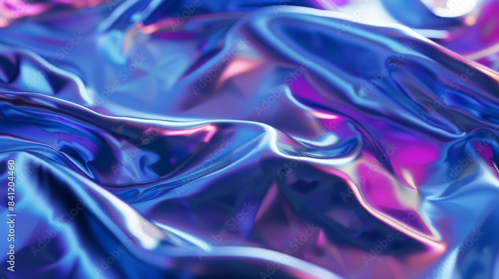 Poster design a blue background with a holographic effect, adding a futuristic and iridescent look suitable