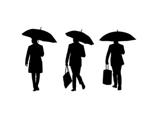 man with umbrella silhouette. people walking with umbrella silhouettes. set of walking people under the umbrellas. good use for symbols, logos, mascots, icons, signs, web, or any design you want.