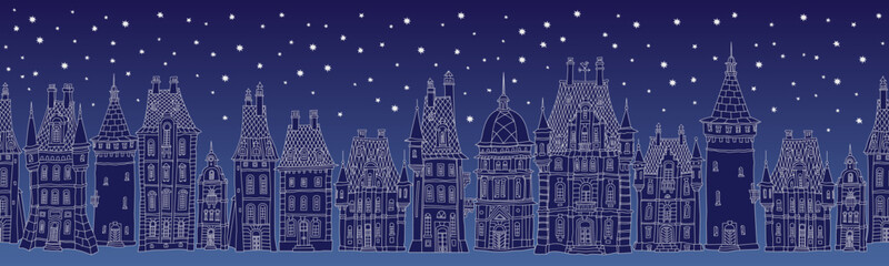 Christmas and New Year seamless border pattern. Fairy tale European houses panorama. Hand drawn blue and white sketch on a dark blue background