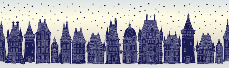 Fototapeta premium Christmas and New Year seamless border pattern. Fairy tale European houses panorama. Hand drawn blue and white sketch on a silver pearl background