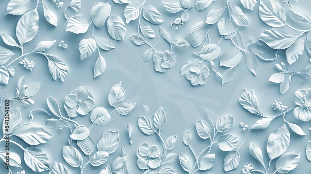 Poster design a blue background with floral patterns in white, adding a delicate and elegant touch ideal fo