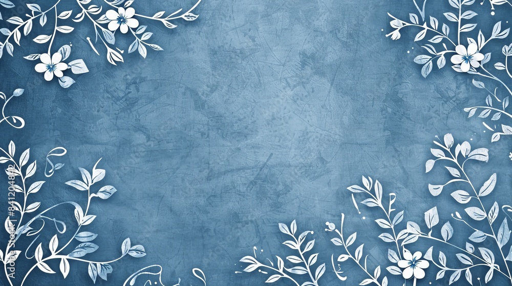 Poster design a blue background with floral patterns in white, adding a delicate and elegant touch ideal fo