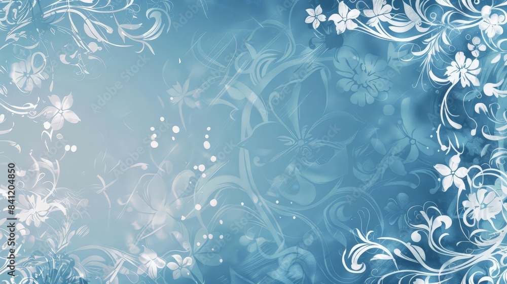Poster design a blue background with floral patterns in white, adding a delicate and elegant touch ideal fo