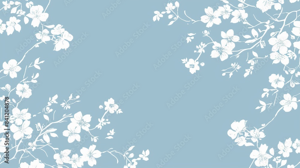 Poster design a blue background with floral patterns in white, adding a delicate and elegant touch ideal fo