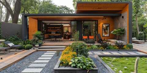 Obraz premium A modern house with a pool, surrounded by greenery