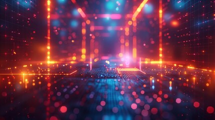 Abstract digital art featuring neon geometric shapes against a digital grid background.