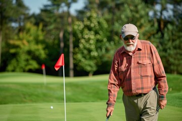 Obraz premium Senior Caucasian man bending over to pick up a golf ball on a lush course, wearing a plaid shirt.