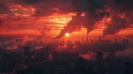 Fototapeta premium A city skyline with numerous smokestacks emitting pollution against a fiery sunset sky.