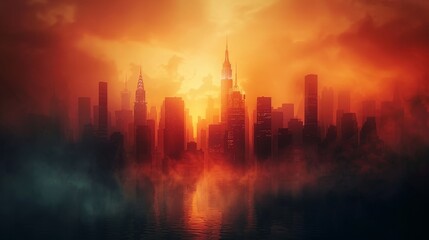 Fototapeta premium A city skyline silhouetted against a fiery, apocalyptic sky. The scene evokes a sense of danger and impending doom.