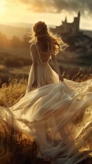 A woman standing in a field with a dress blowing in the wind