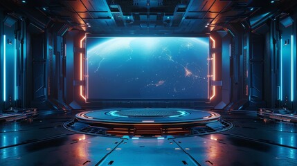 A futuristic space with a large, empty screen. Technology background