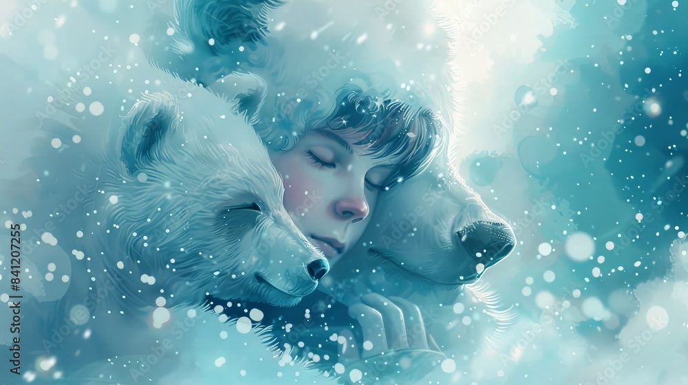 Poster A boy is hugging a white bear in the snow