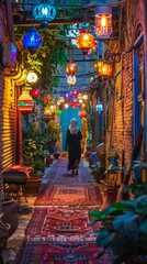 Fototapeta premium A woman walking down a narrow alley way