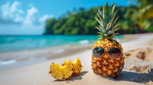 Pineapple with Sunglasses on the Beach.