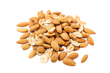 A pile of almonds with some of them broken