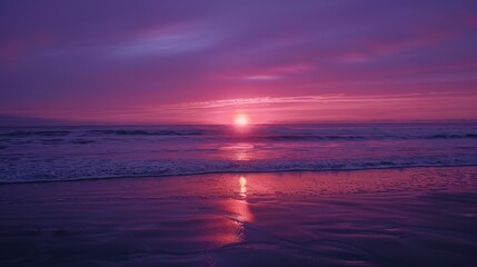 Captivating image of a majestic sunset over a serene beach, with vibrant purple and pink hues reflecting on the ocean's surface.