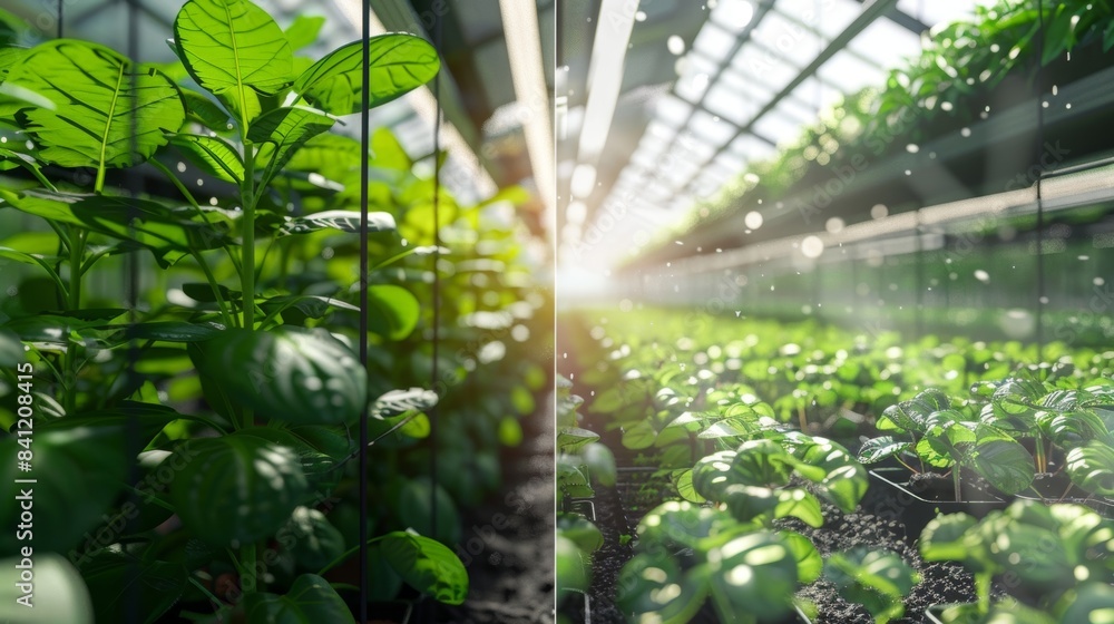 Poster a sidebyside comparison of plants grown in a greenhouse with and without automated shading showing t