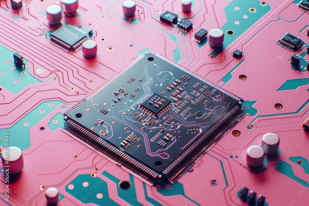 Poster close up of a computer chip, a circuit component on a motherboard