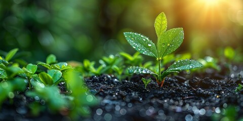A small plant is beginning to grow from the ground, maybe in a natural landscape