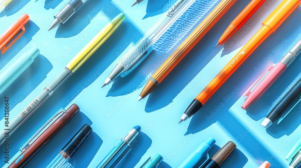 Poster a symmetrical pattern of pens on an azure surface