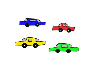 Painting of red, green, blue and yellow cars. Colorful children's cartoon cars on white background.