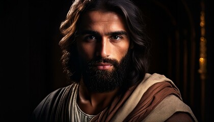 Fototapeta premium A close-up, realistic portrait of Jesus Christ's face with historically accurate Middle Eastern features