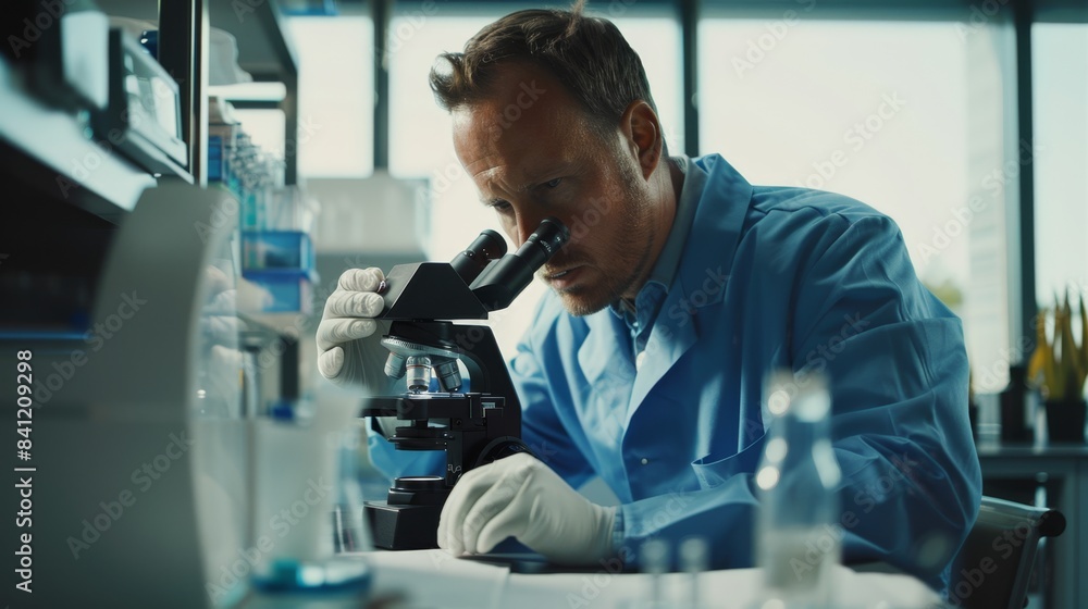Poster the scientist using microscope