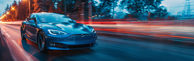 Naklejka premium Blue Electric Sedan in Dynamic Motion on Urban Street at Twilight with Long Exposure Light Trails