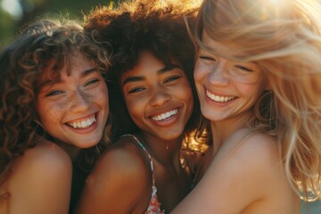 Beautiful photograph of three diverse young women smiling and enjoying the sunshine, symbolizing friendship, joy, and unity in a natural setting
