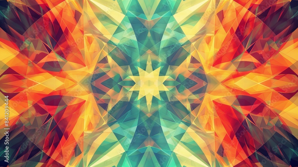 Poster design an abstract background with a kaleidoscope effect, using symmetrical patterns and bright colo