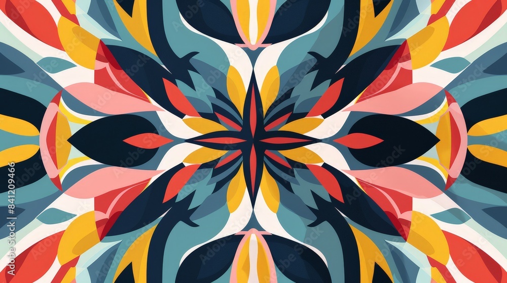 Poster design an abstract background with a kaleidoscope effect, using symmetrical patterns and bright colo