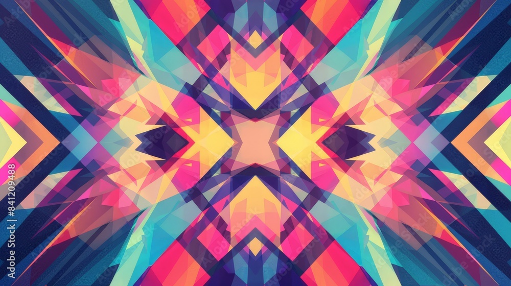 Poster design an abstract background with a kaleidoscope effect, using symmetrical patterns and bright colo