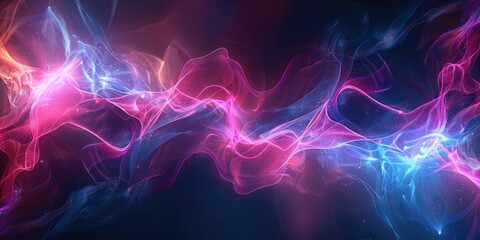 Abstract digital art featuring vibrant, wavy forms in pink, blue, and purple hues, with a cosmic and ethereal atmosphere.