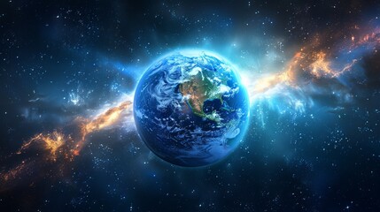 Fototapeta premium Conceptual image of a global network over Earth, visualizing global connectivity and data exchange with a vibrant space background.