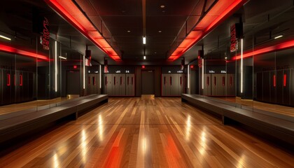 A modern athletic locker room with red LED lighting and sleek black lockers, reflecting a high-end sports facility atmosphere.