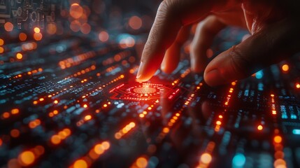 A person is touching a computer chip with their finger on a closeup shot