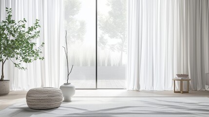 A modern and minimalist living room featuring sheer white curtains, natural light, and green indoor plants, enhancing a clean and serene home environment.