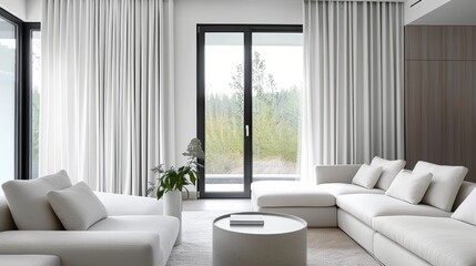 Fototapeta premium A modern and minimalist living room featuring sheer white curtains, natural light, and green indoor plants, enhancing a clean and serene home environment.