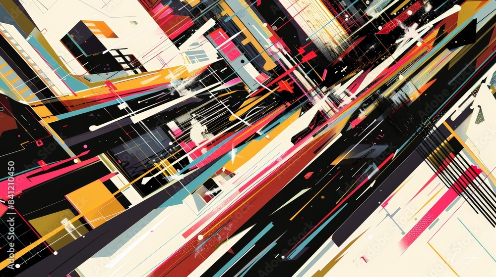 Poster design an abstract visual that captures the energy and movement of urban life, using sharp lines, bo